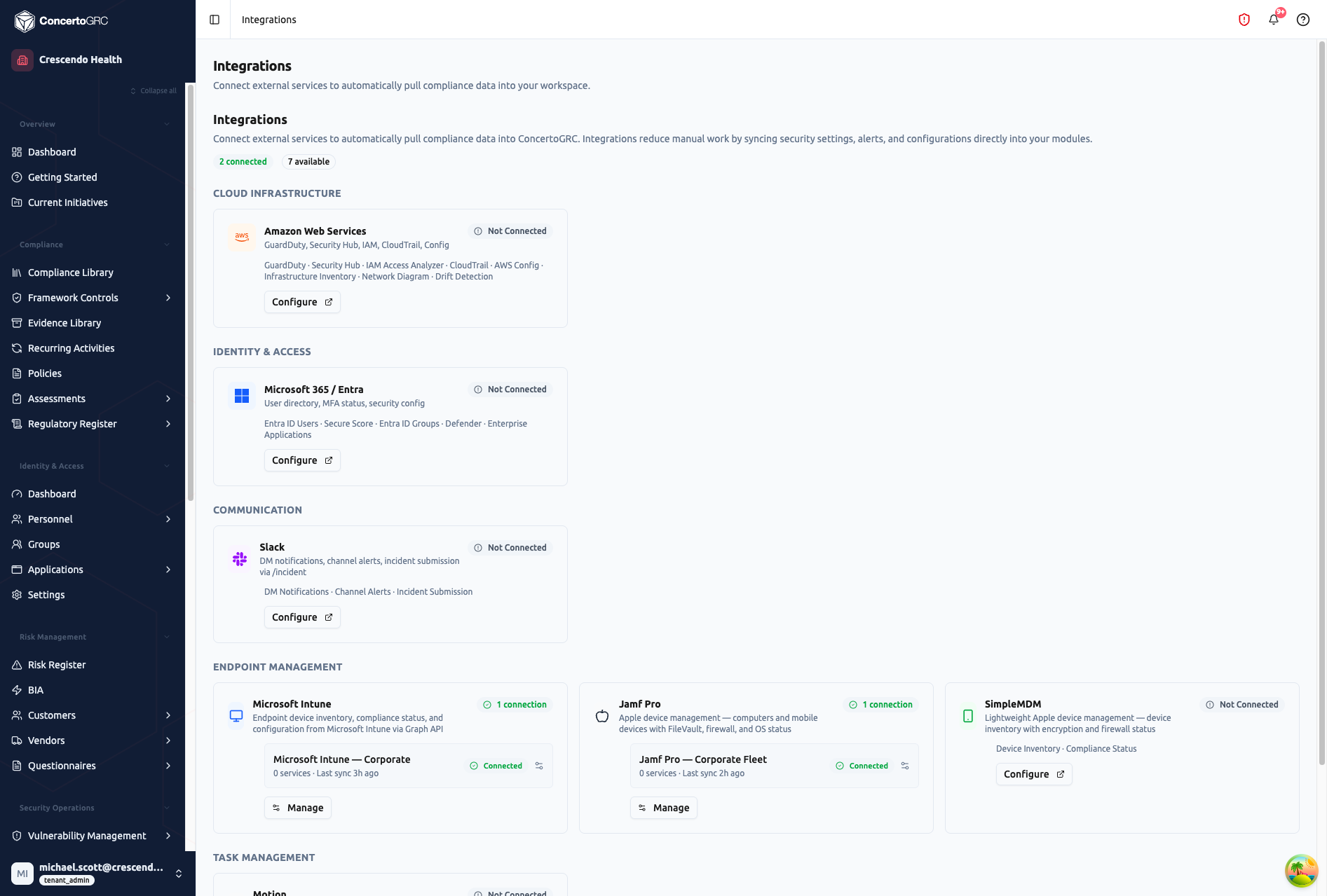 Integrations page showing 2 connected and 7 available integrations organized by category — Cloud Infrastructure (AWS), Identity and Access (Microsoft 365/Entra), Communication (Slack), Endpoint Management (Microsoft Intune with 1 connection showing Connected status, Jamf Pro with 1 connection showing Connected status, SimpleMDM not connected), and Task Management (Motion)