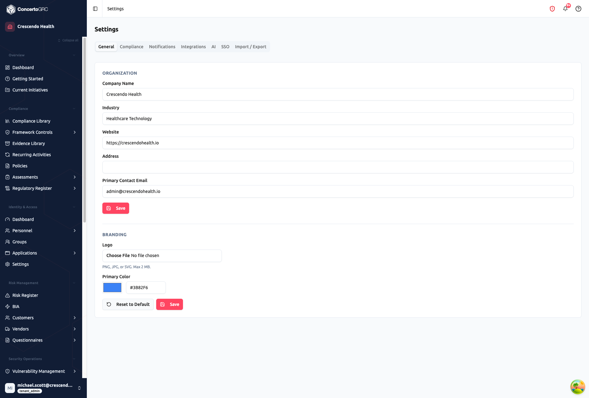Settings page showing General tab active with seven tabs (General, Compliance, Notifications, Integrations, AI, SSO, Import/Export), Organization section with Company Name, Industry, Website, Address, and Primary Contact Email fields, and Branding section with Logo file upload and Primary Color hex picker with Reset to Default button
