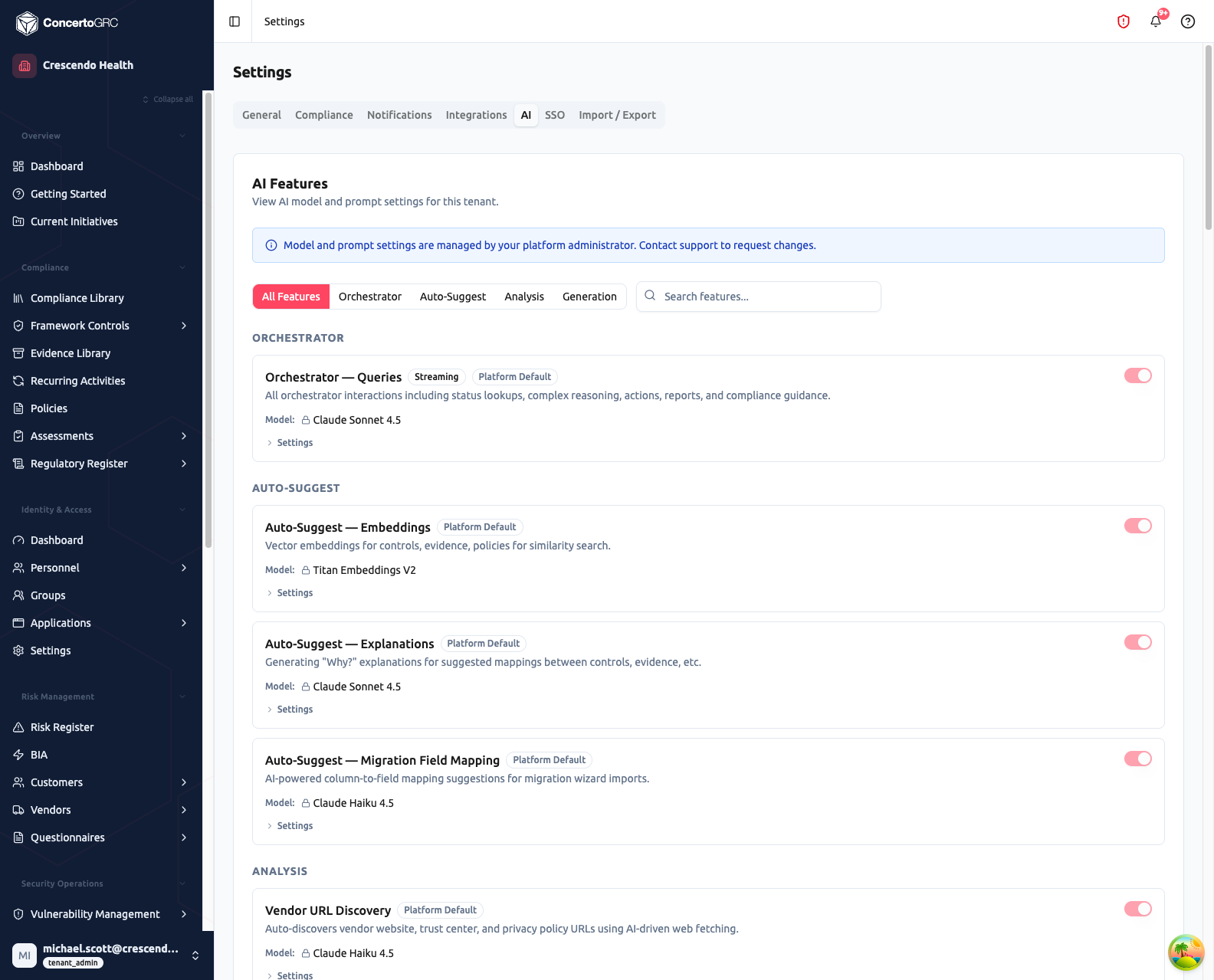 AI feature configuration cards in Settings