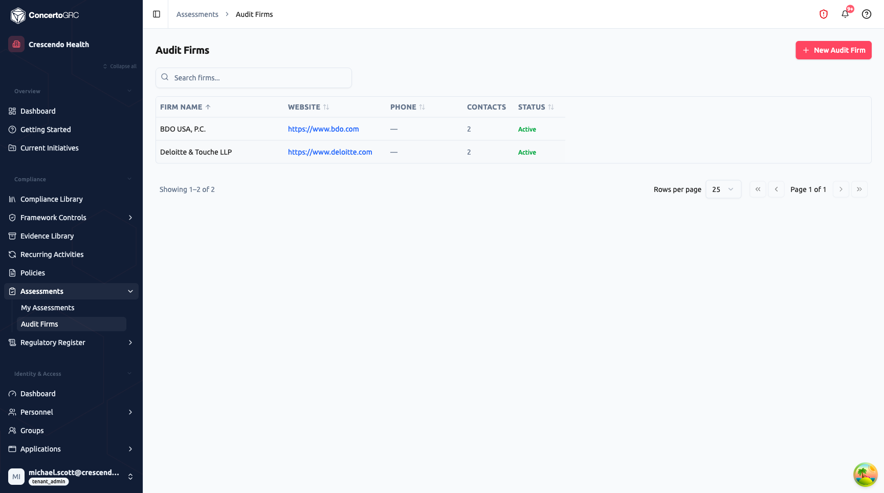 Audit Firms page showing table with two firms: BDO USA P.C. (bdo.com, 2 contacts, Active) and Deloitte and Touche LLP (deloitte.com, 2 contacts, Active), with search bar and New Audit Firm button