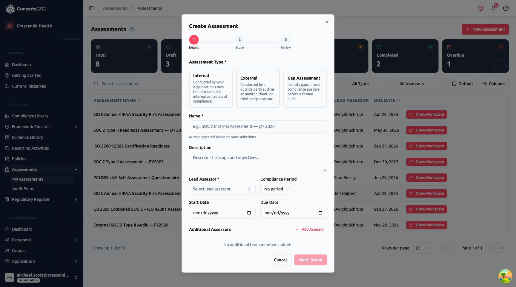 Create Assessment wizard showing 3-step progress (Details highlighted, Scope, Review), assessment type cards (Internal selected, External, Gap Assessment), name field, description, lead assessor selector, compliance period, start/due dates, additional assessors section with Add Assessor button, and Cancel/Next: Scope buttons