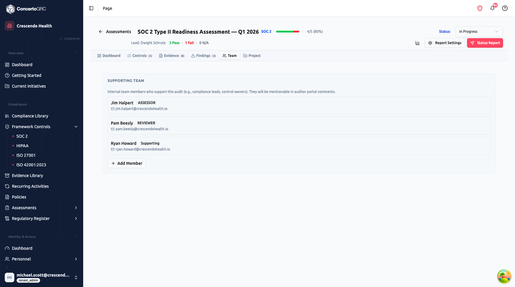 Assessment workspace Team tab showing Supporting Team section with three members: Jim Halpert (Assessor), Pam Beesly (Reviewer), Ryan Howard (Supporting), each with email addresses and remove buttons, plus Add Member button