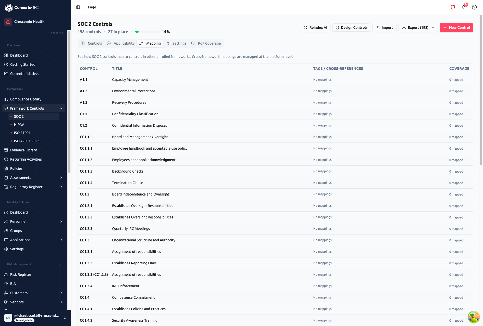 Mapping tab showing cross-framework mapping table with Control, Title, Tags/Cross-References, and Coverage columns