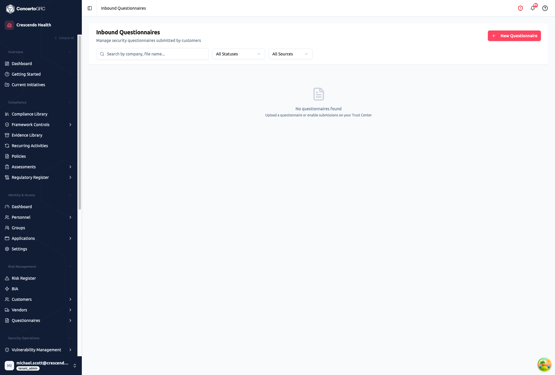 Inbound Questionnaires page showing search bar, All Statuses and All Sources filter dropdowns, New Questionnaire button, and empty state with message to upload a questionnaire or enable submissions on your Trust Center