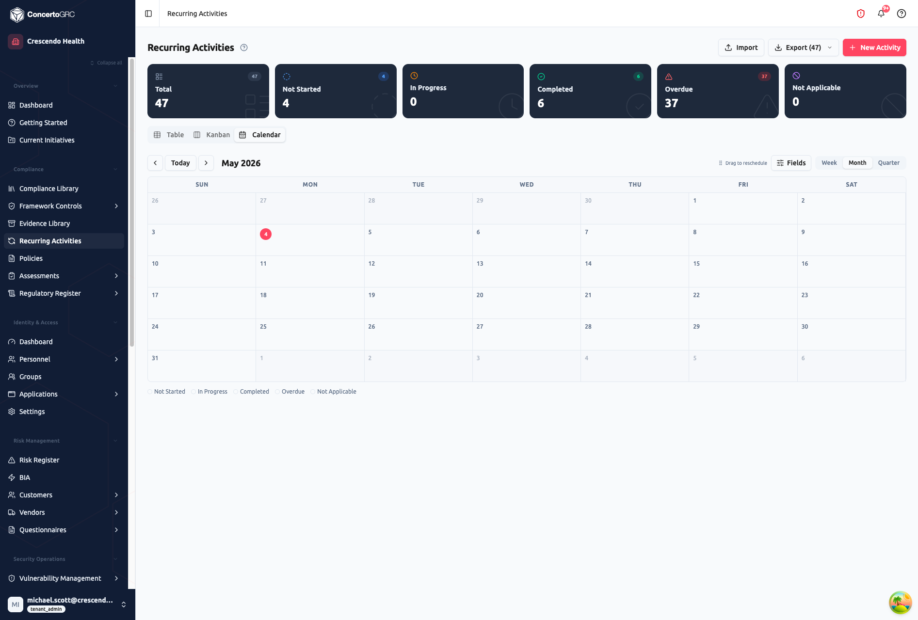 Calendar view showing May 2026 monthly grid with Week, Month, and Quarter view toggles, drag-to-reschedule hint, and status legend