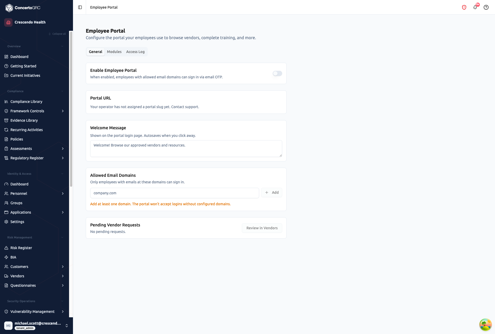 Employee Portal admin page showing General tab with Enable Employee Portal toggle (off), Portal URL (not assigned), Welcome Message text field, Allowed Email Domains input with Add button, and Pending Vendor Requests section