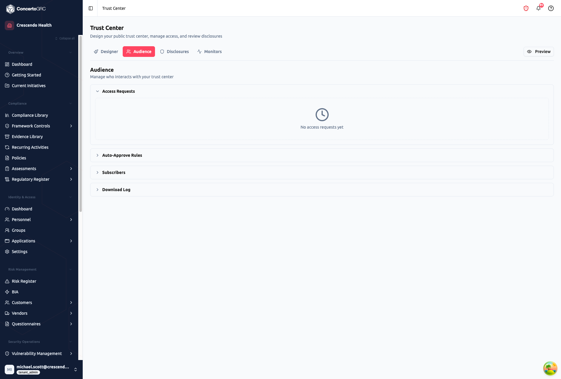 Audience tab showing four collapsible sections: Access Requests (expanded, showing empty state with No access requests yet), Auto-Approve Rules (collapsed), Subscribers (collapsed), and Download Log (collapsed)