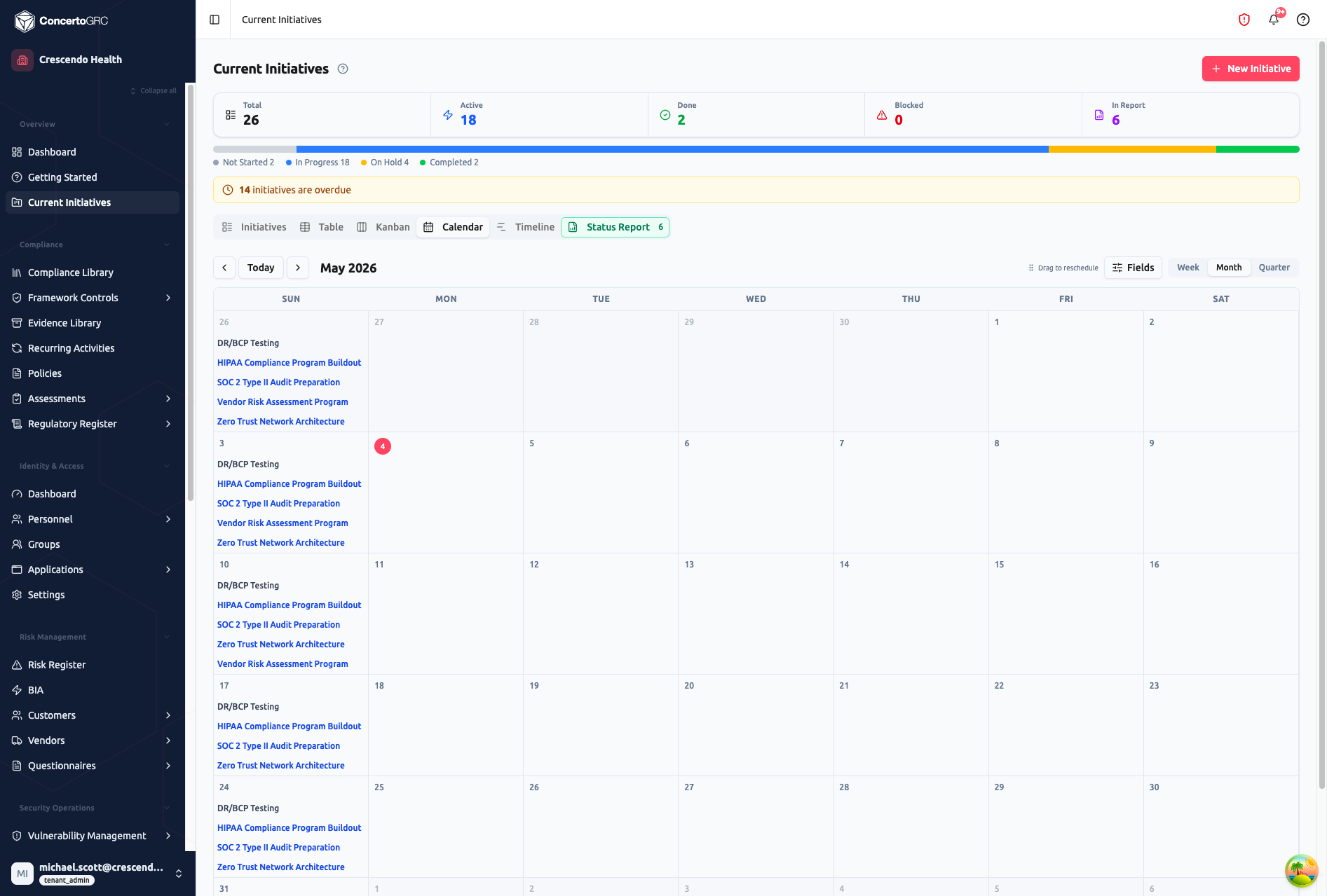 Calendar view showing May 2026 with initiatives displayed on their due-date weeks, with Today button, month navigation, and Week/Month/Quarter view toggles