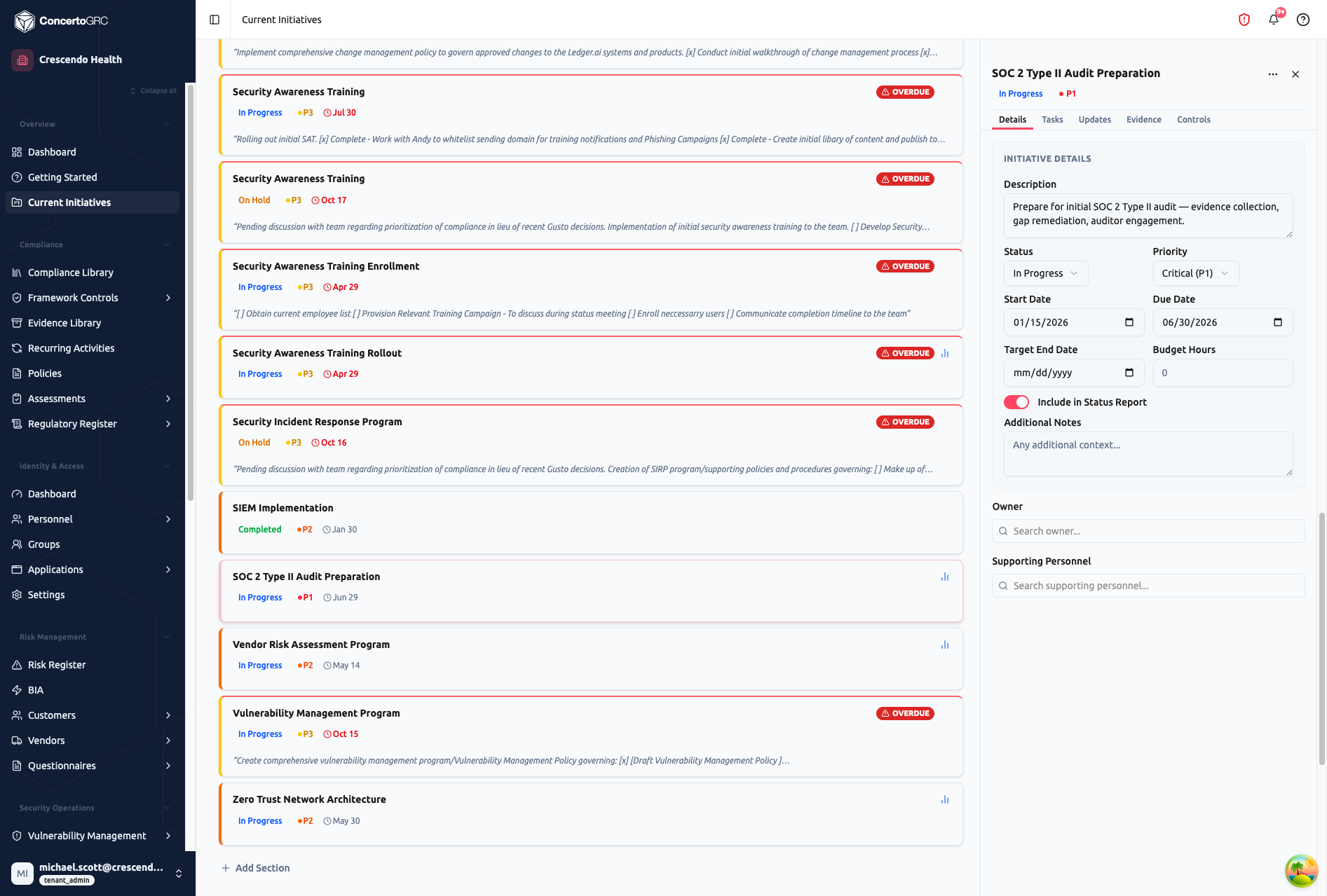 Initiative detail sidecar for SOC 2 Type II Audit Preparation showing Details tab with description, Status (In Progress), Priority (Critical P1), Start Date, Due Date, Target End Date, Budget Hours, Include in Status Report toggle, Owner search, and Supporting Personnel fields