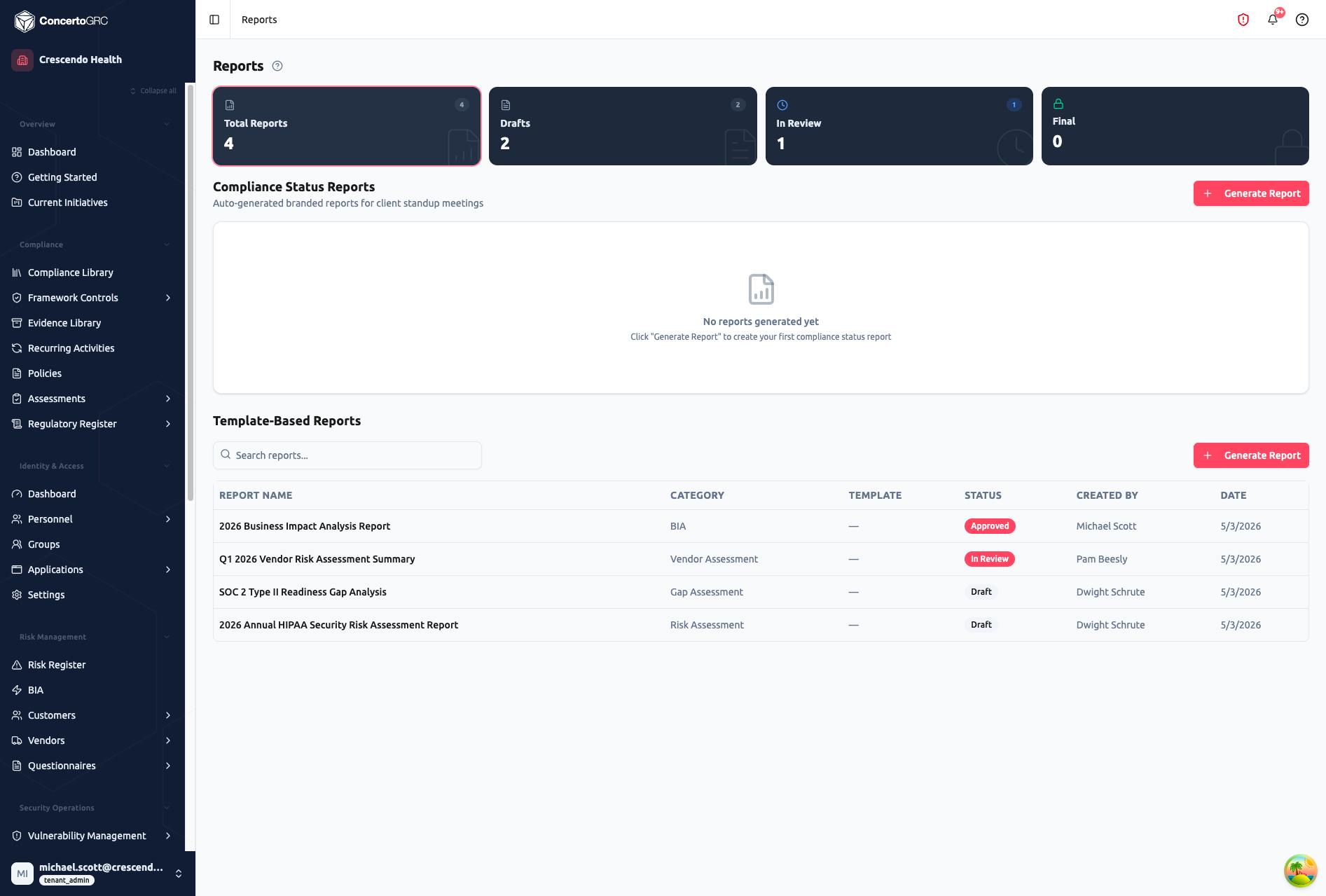 Reports page showing status cards (4 Total Reports, 2 Drafts, 1 In Review, 0 Final), Compliance Status Reports section with Generate Report button and empty state, and Template-Based Reports table with 4 entries — 2026 Business Impact Analysis Report (BIA, Approved), Q1 2026 Vendor Risk Assessment Summary (Vendor Assessment, In Review), SOC 2 Type II Readiness Gap Analysis (Gap Assessment, Draft), and 2026 Annual HIPAA Security Risk Assessment Report (Risk Assessment, Draft)