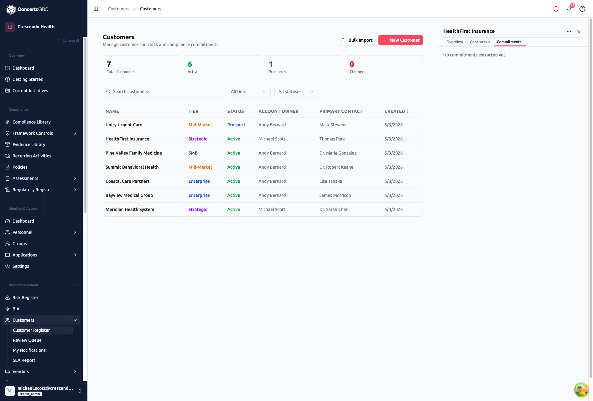 Commitments tab showing the list of extracted commitments for a customer, empty before contract extraction