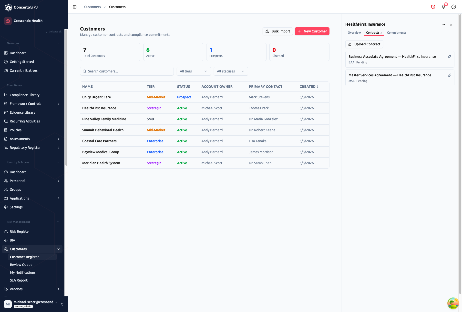 Contracts tab showing two uploaded contracts (BAA and MSA) with extraction status badges and AI extraction buttons