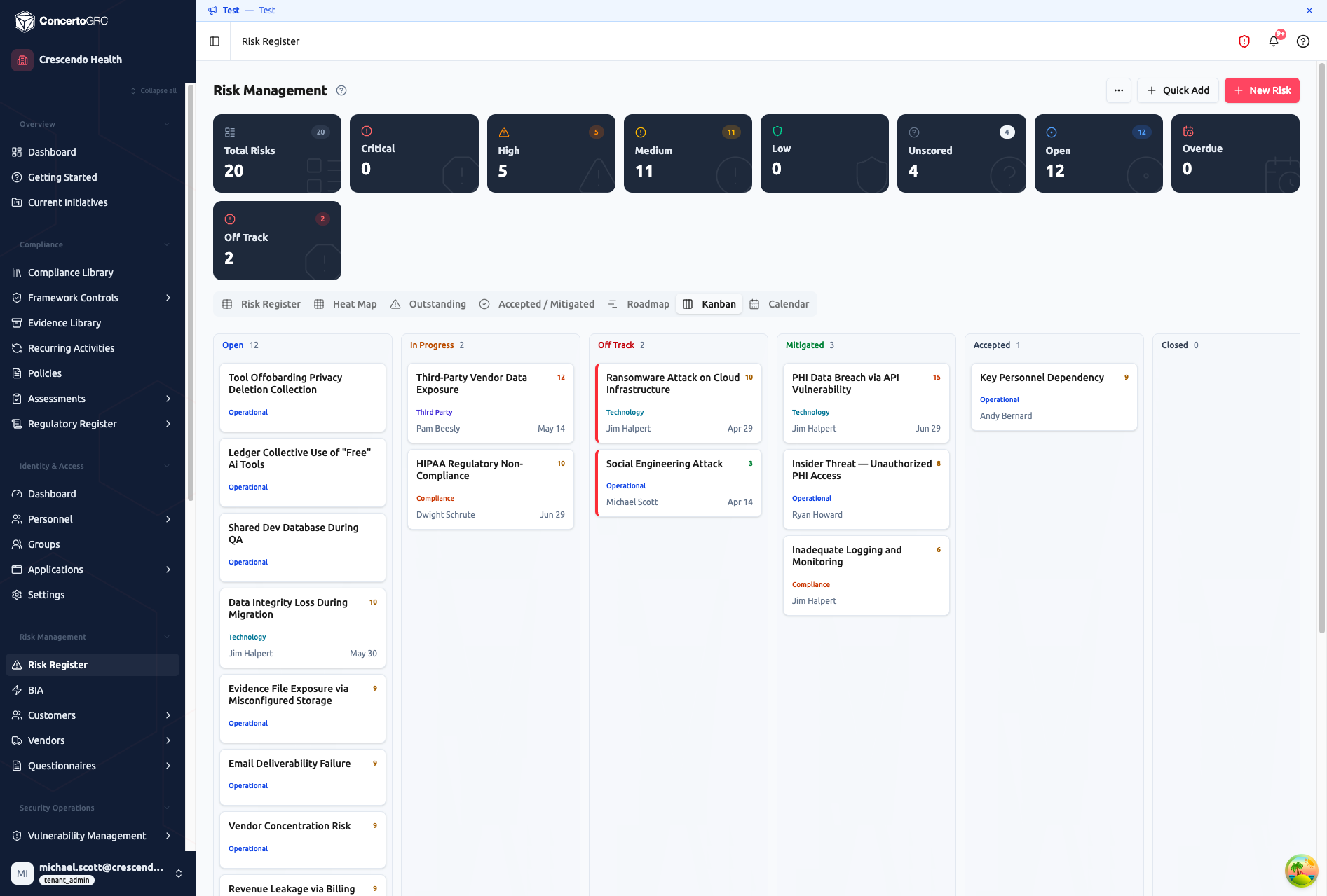 Kanban board with risks organized by status columns — Open, In Progress, Off Track, Mitigated, Accepted, Closed