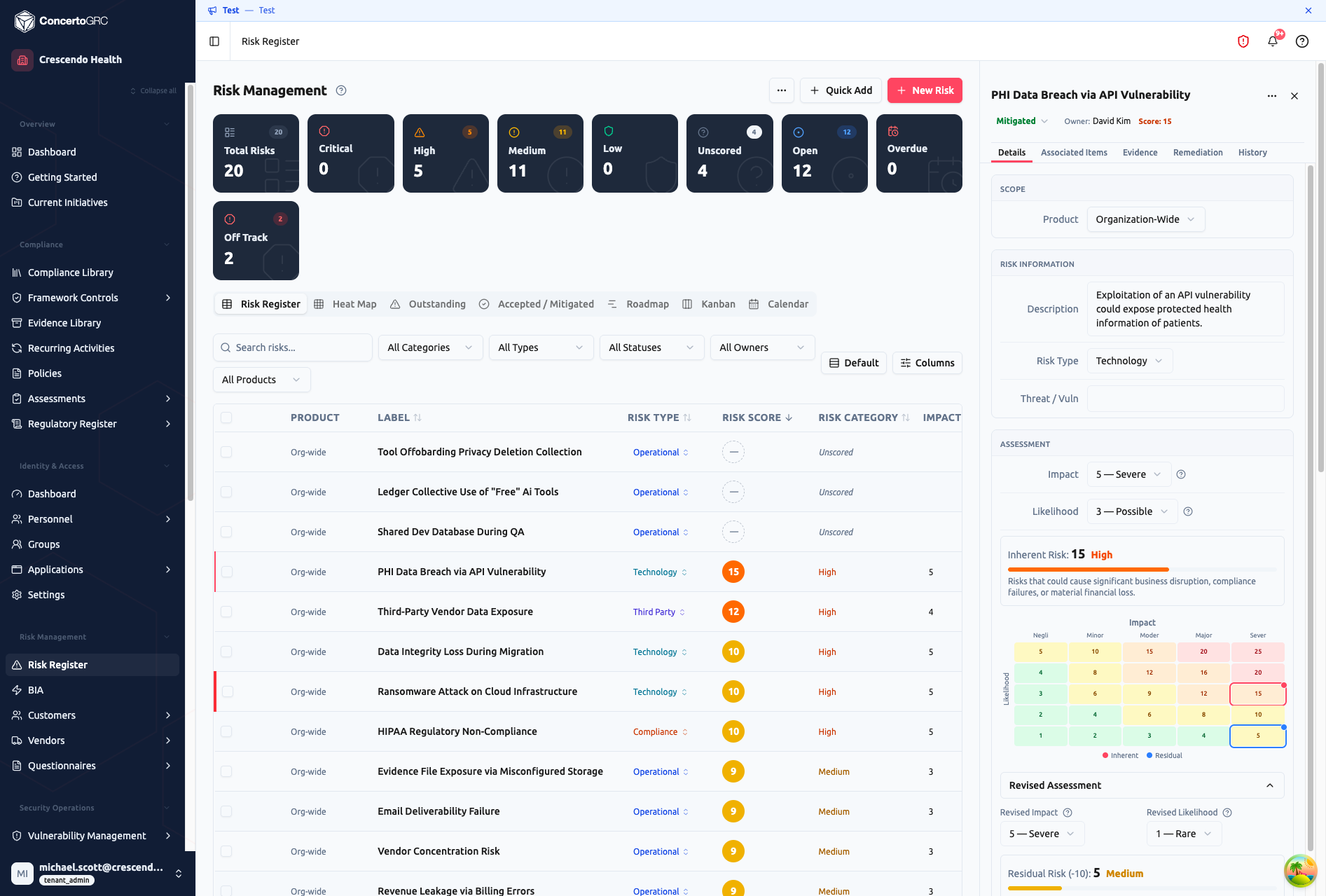 Risk detail sidecar showing the Details tab with assessment scores, risk matrix, and revised assessment