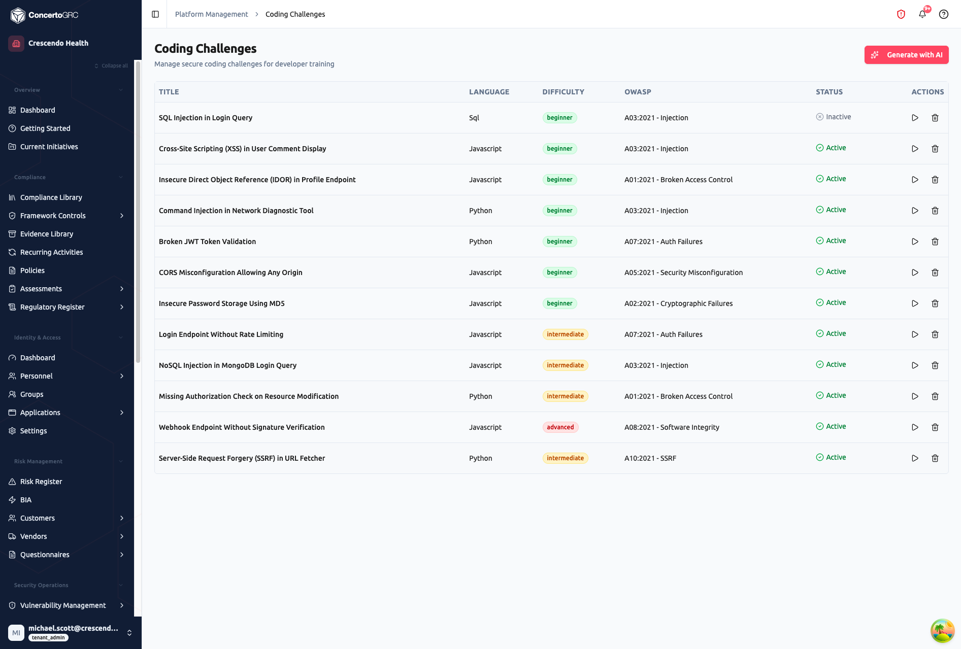 Coding Challenges page showing header with Generate with AI button and challenge table with columns for Title, Language, Difficulty, OWASP, Status, and Actions, showing 11 challenges across SQL, JavaScript, and Python with beginner/intermediate/advanced difficulties mapped to OWASP categories like Injection, Broken Access Control, Auth Failures, Cryptographic Failures, Security Misconfiguration, Software Integrity, and SSRF