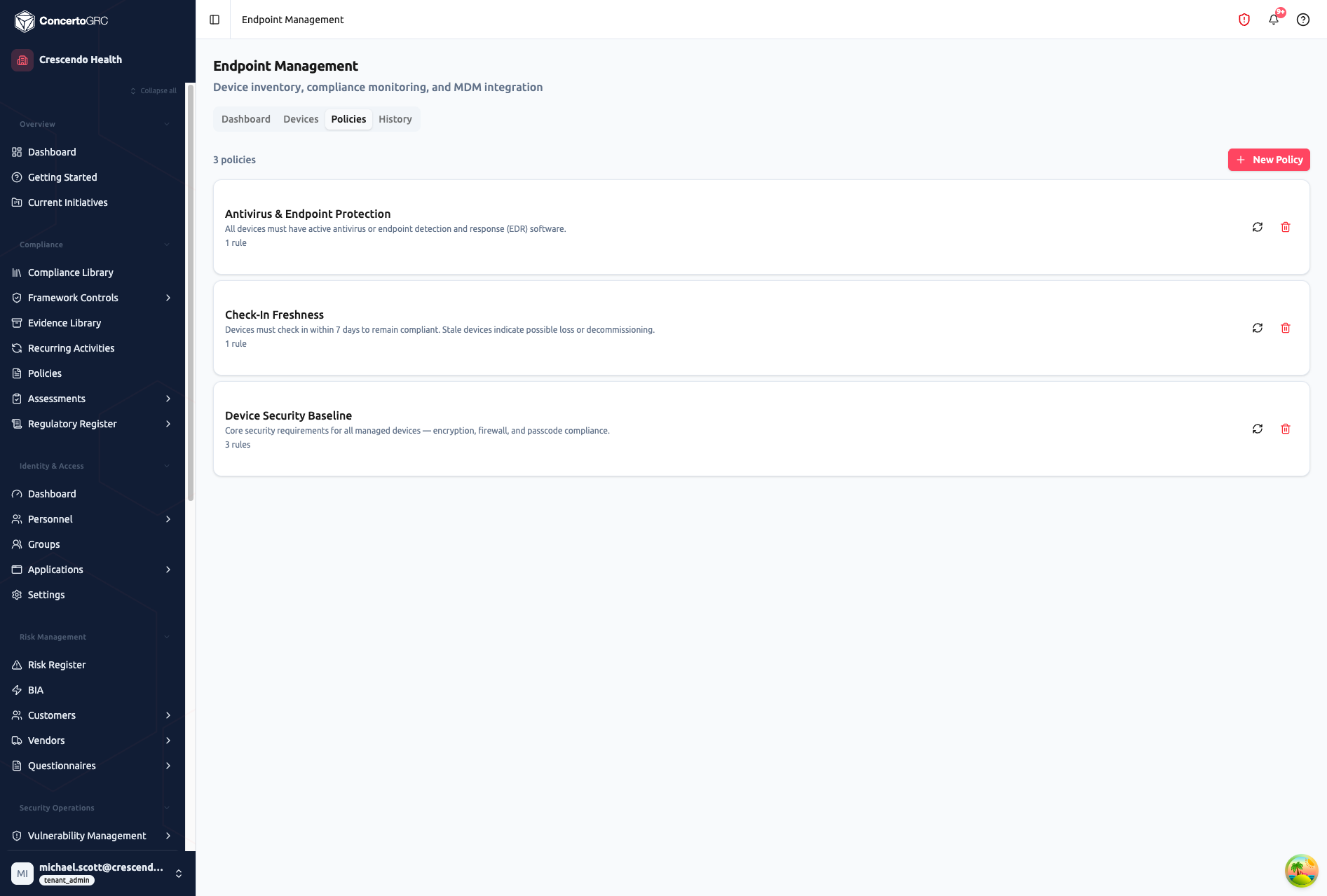 Endpoint Management Policies tab showing 3 policies count with + New Policy button, listing Antivirus and Endpoint Protection (1 rule), Check-In Freshness (1 rule), and Device Security Baseline (3 rules), each with evaluate and delete action buttons