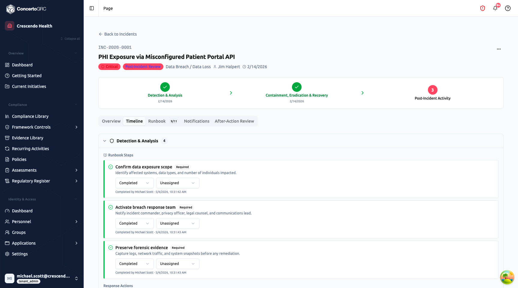Timeline tab showing Detection and Analysis phase with 4 entries, Runbook Steps section with three completed steps (Confirm data exposure scope, Activate breach response team, Preserve forensic evidence) each showing Completed status and Unassigned assignee with completion timestamps, and Response Actions section below
