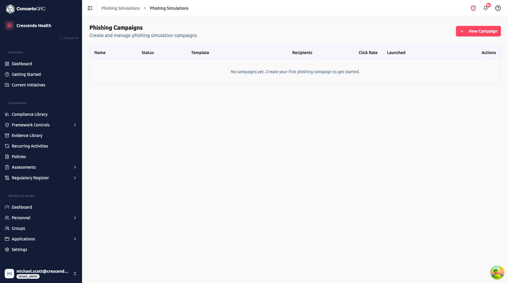 Phishing Campaigns page showing header with New Campaign button and campaign table with columns for Name, Status, Template, Recipients, Click Rate, Launched, and Actions, with empty state message