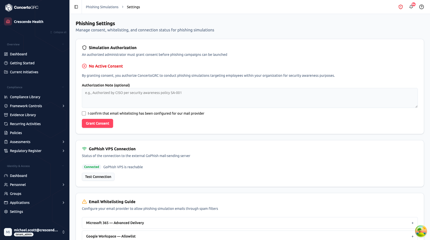 Phishing Settings page showing three sections: Simulation Authorization with No Active Consent status, Authorization Note field, email whitelisting checkbox, and Grant Consent button; GoPhish VPS Connection showing Connected status with Test Connection button; and Email Whitelisting Guide with expandable sections for Microsoft 365 Advanced Delivery and Google Workspace Allowlist
