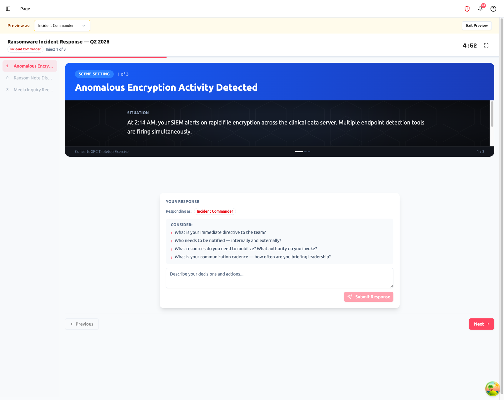 Participant preview showing dark-themed scenario inject with role-based prompt for Incident Commander, discussion questions, response textarea for submitting actions, and structured response options with Commit, Caution, Escalate, and Risky tags