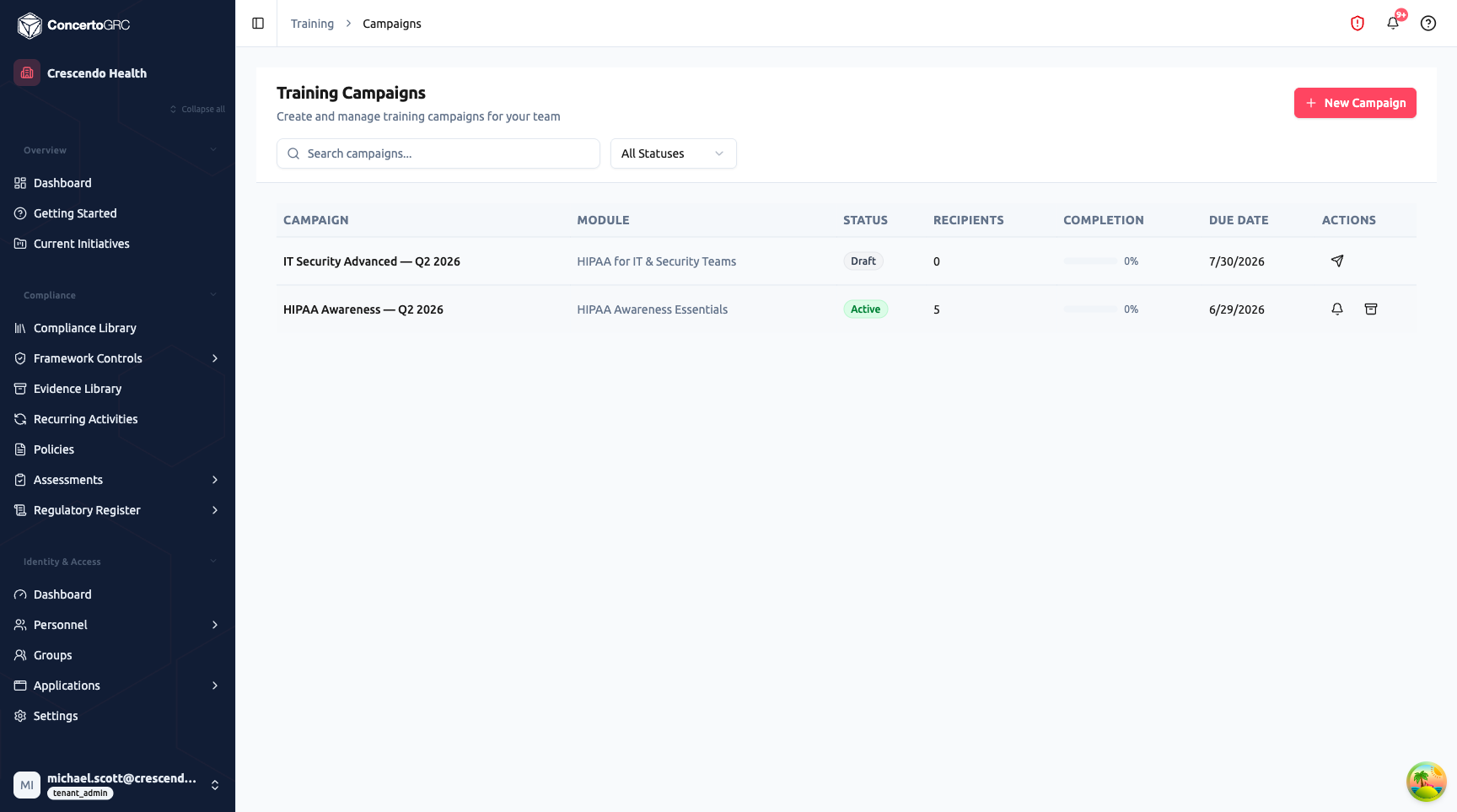 Training Campaigns page showing header with New Campaign button, search bar with All Statuses filter, and campaign table with columns for Campaign, Module, Status, Recipients, Completion, Due Date, and Actions, showing two campaigns: IT Security Advanced Q2 2026 (Draft, 0 recipients, 0%) and HIPAA Awareness Q2 2026 (Active, 5 recipients, 0%)