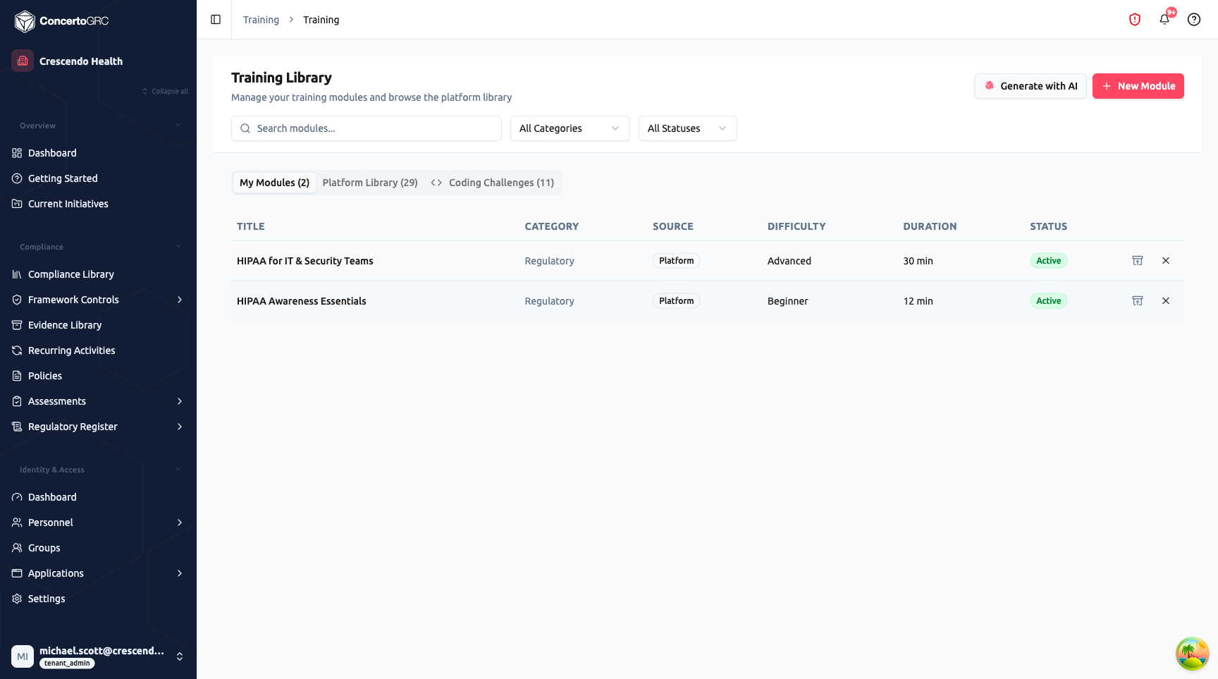 Training Library page showing header with Generate with AI and New Module buttons, search bar with All Categories and All Statuses filters, three tabs (My Modules 2, Platform Library 29, Coding Challenges 11), and My Modules table with columns for Title, Category, Source, Difficulty, Duration, and Status showing two HIPAA modules