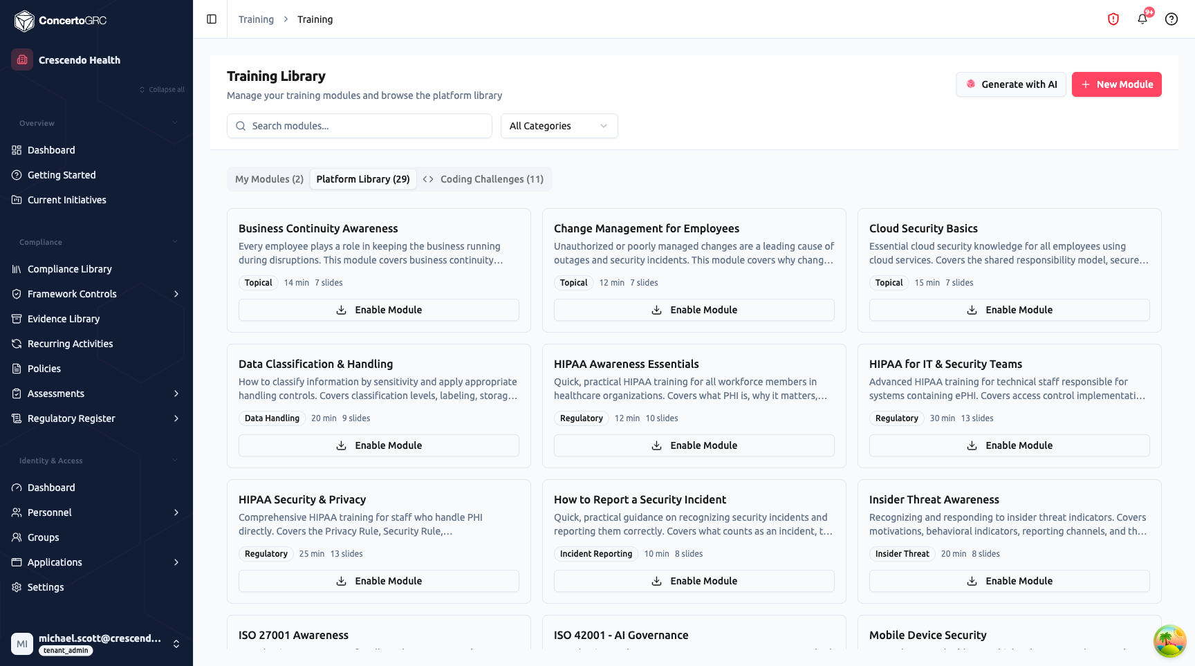 Platform Library tab showing a card grid of available modules including Business Continuity Awareness (Topical, 14 min, 7 slides), Change Management for Employees (Topical, 12 min), Cloud Security Basics (Topical, 15 min), Data Classification and Handling (Data Handling, 20 min, 9 slides), HIPAA Awareness Essentials (Regulatory, 12 min, 10 slides), HIPAA for IT and Security Teams (Regulatory, 30 min, 13 slides), and more, each with an Enable Module button