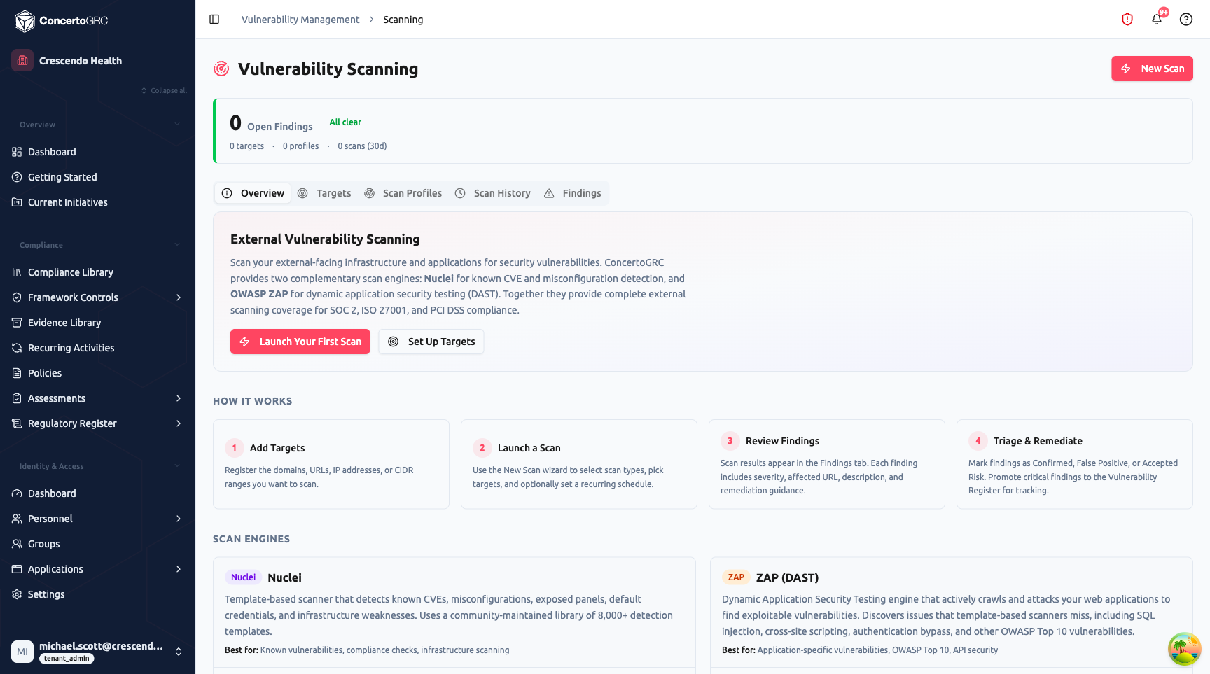 Vulnerability Scanning Overview page showing header with 0 Open Findings (All clear), 0 targets, 0 profiles, 0 scans stats, five tabs (Overview, Targets, Scan Profiles, Scan History, Findings), External Vulnerability Scanning description, How It Works 4-step cards (Add Targets, Launch a Scan, Review Findings, Triage and Remediate), and Scan Engines section showing Nuclei and ZAP (DAST) cards with descriptions and scan type lists